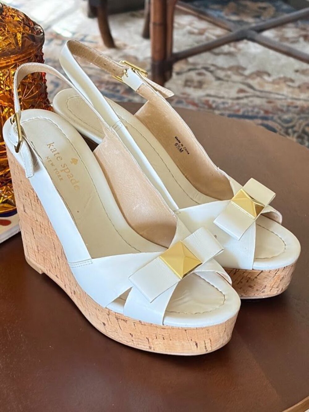 Kate Spade Devi Leather And Cork Platform Bow Sandals White 6.5